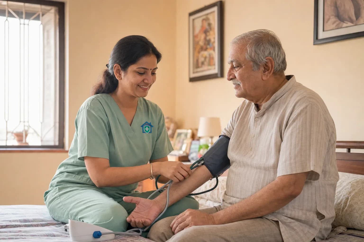 A home-care nurse checking an elderly patient's blood pressure